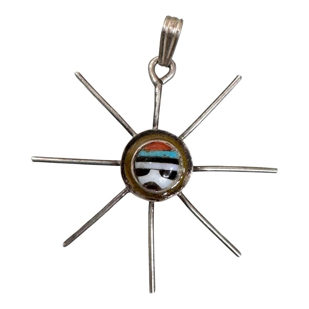 Vintage Zuni Inlay Sun Face Pendant Sterling Silver Native American Sunburst